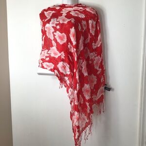 INC International Concepts Red and White Floral Crinkle Scarf with Fringe Accent